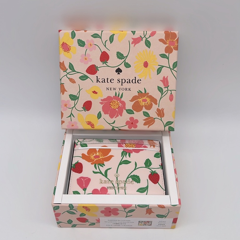 Kate Spade Boxed Madison Strawberry Garden Small Slim Card Holder Pink Multi